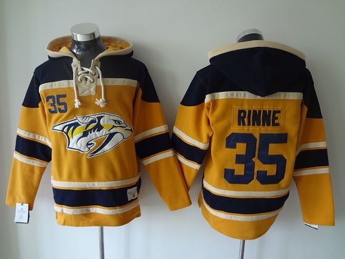 Predators #35 Pekka Rinne Yellow Sawyer Hooded Sweatshirt Stitched NHL Jersey - Click Image to Close